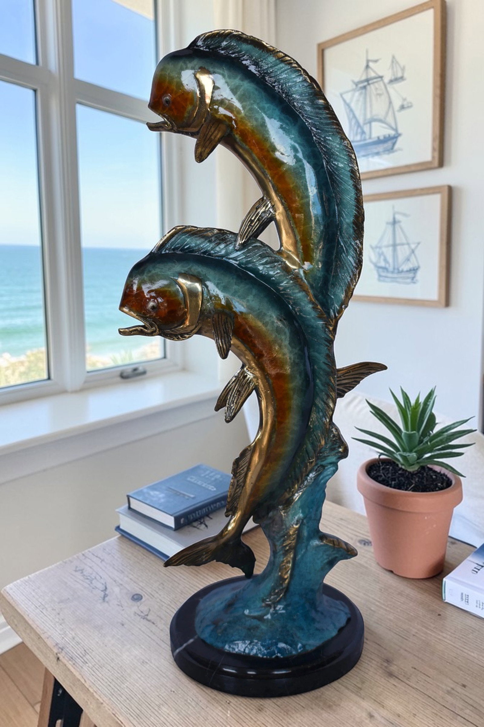 Two Dorado, Mahi Mahi Bronze Statue on Marble Base - Size: 9"L x 9"W x 22"H. - 2