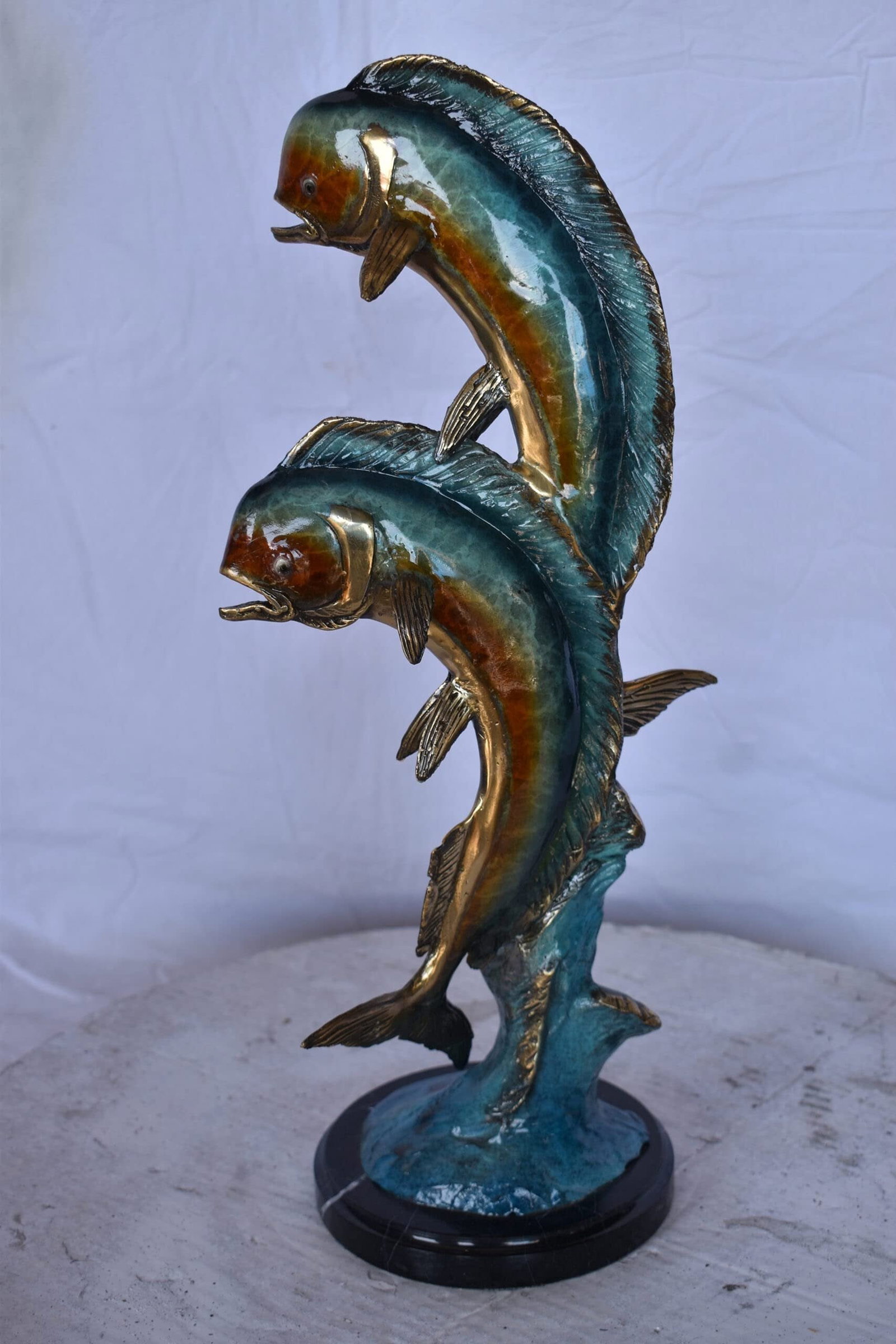 Two Dorado, Mahi Mahi Bronze Statue on Marble Base - Size: 9"L x 9"W x 22"H. - 7