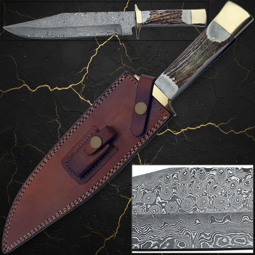 Hand-Forged 1095 High Carbon Damascus Bowie Knife with Genuine Stag Handle - 2