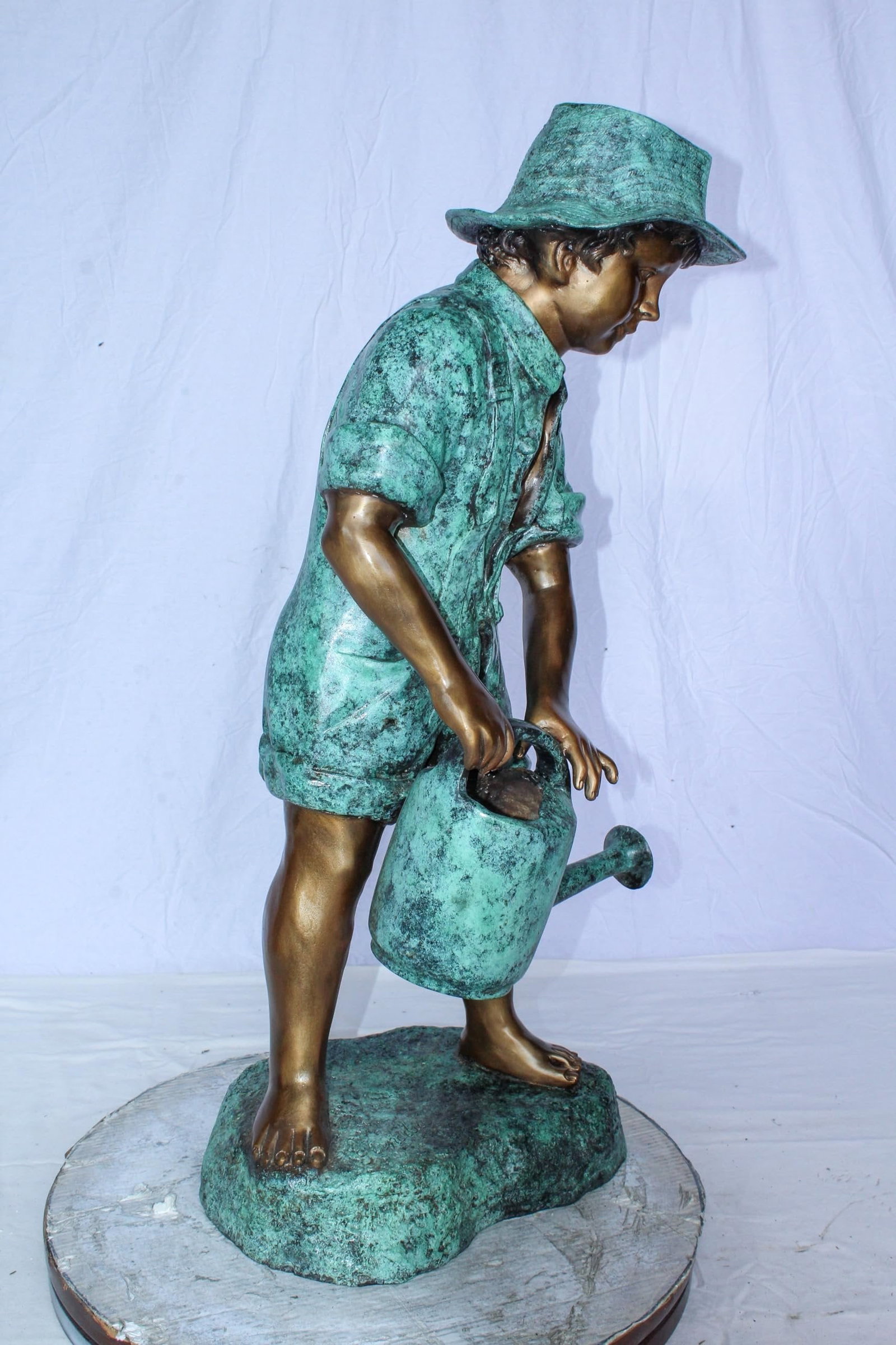 Standing Boy with Watering Can Bronze Statue - Size: 15"L x 15"W x 39"H. - 10