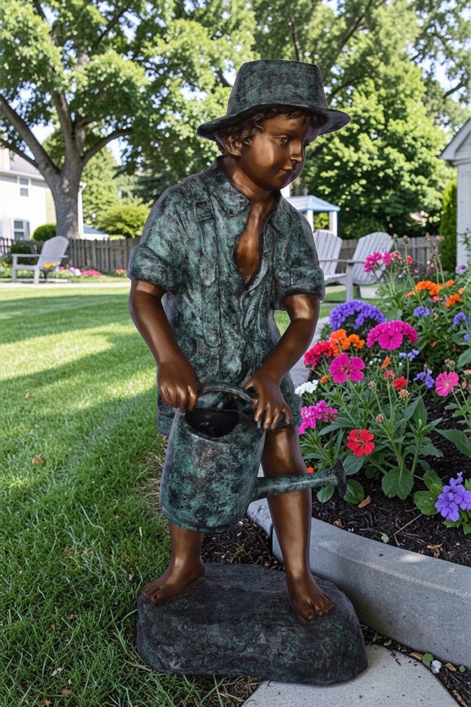 Standing Boy with Watering Can Bronze Statue - Size: 15"L x 15"W x 39"H. - 2