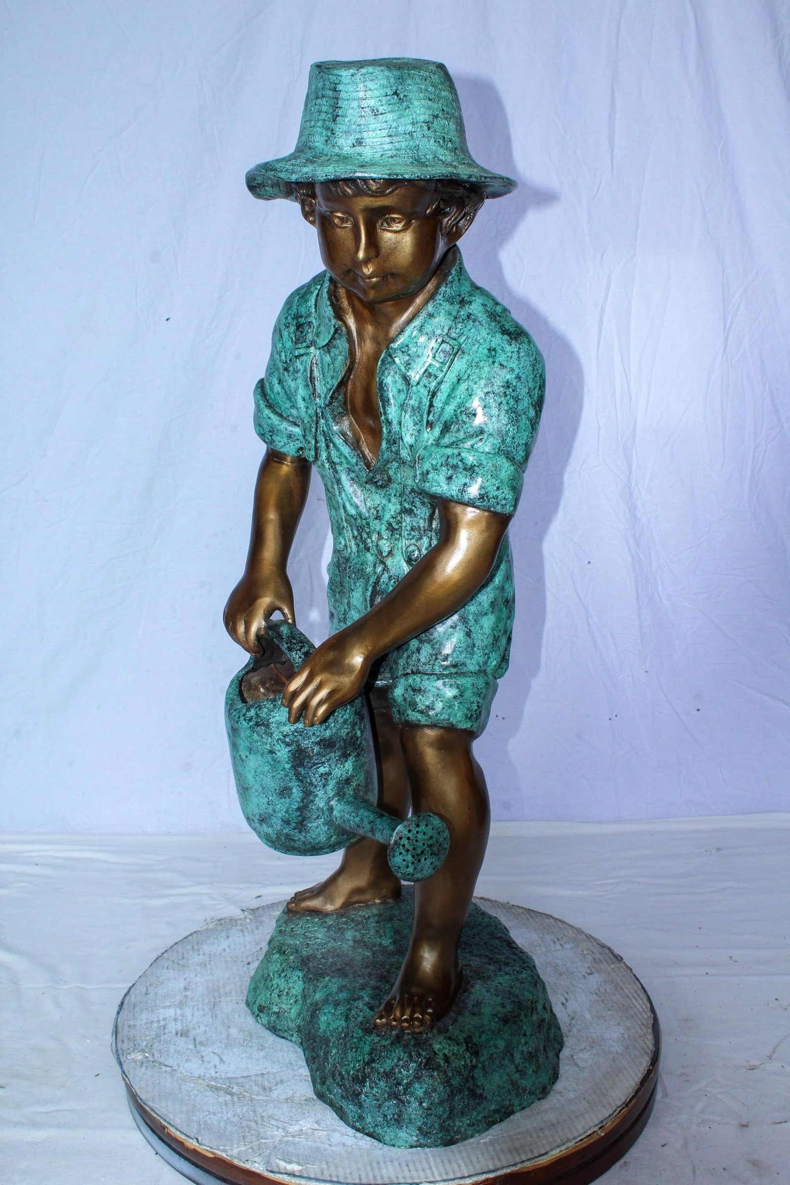 Standing Boy with Watering Can Bronze Statue - Size: 15"L x 15"W x 39"H. - 3