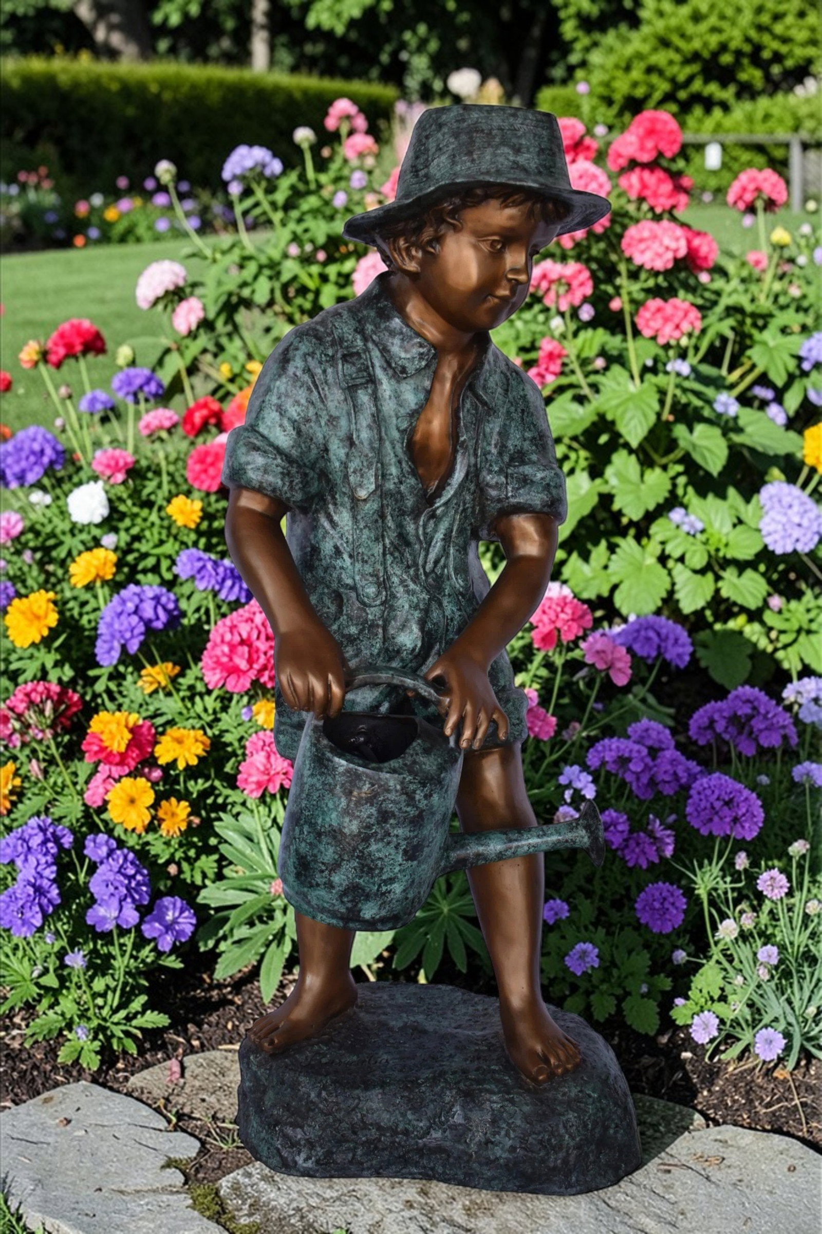 Standing Boy with Watering Can Bronze Statue - Size: 15"L x 15"W x 39"H. - 4