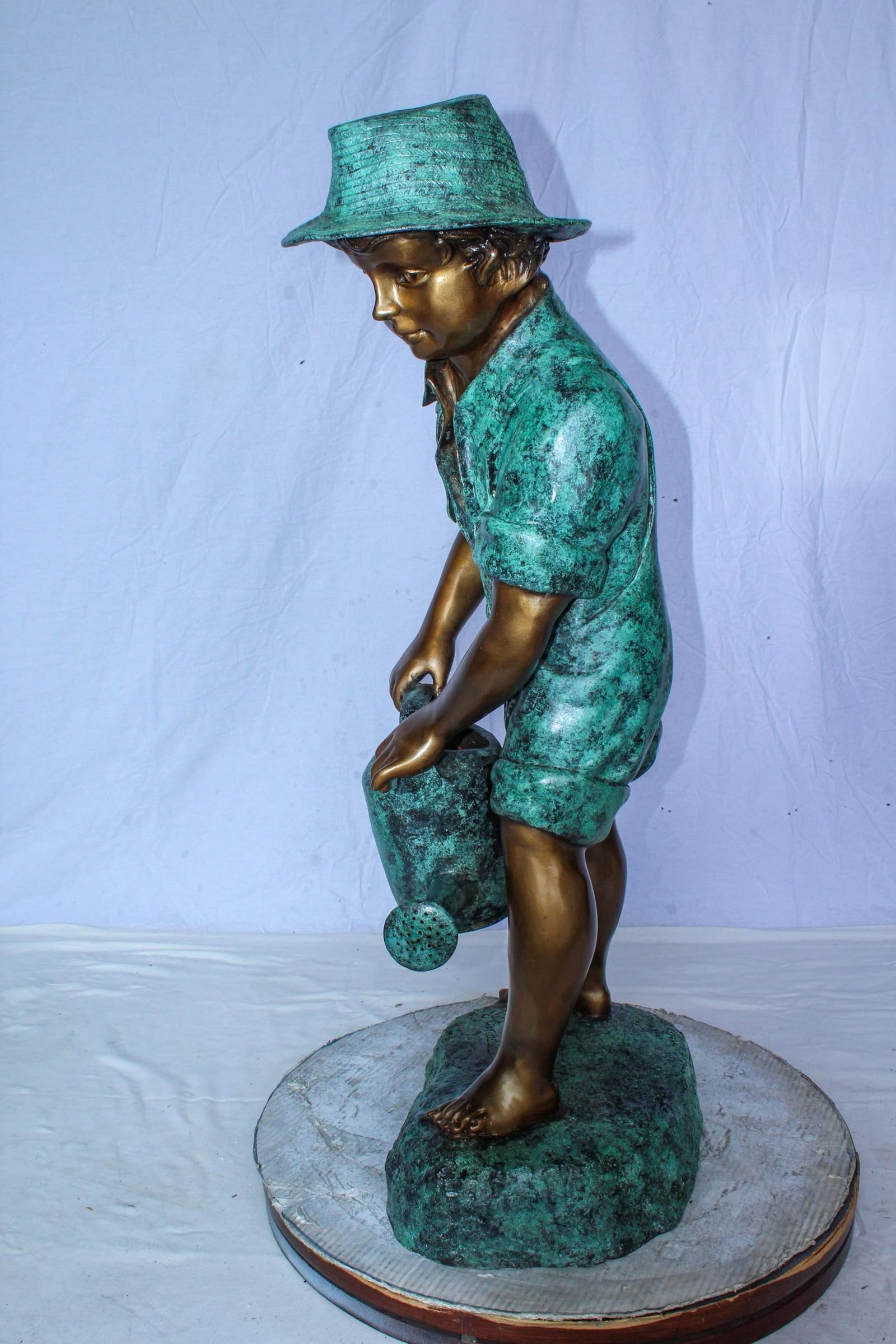 Standing Boy with Watering Can Bronze Statue - Size: 15"L x 15"W x 39"H. - 5