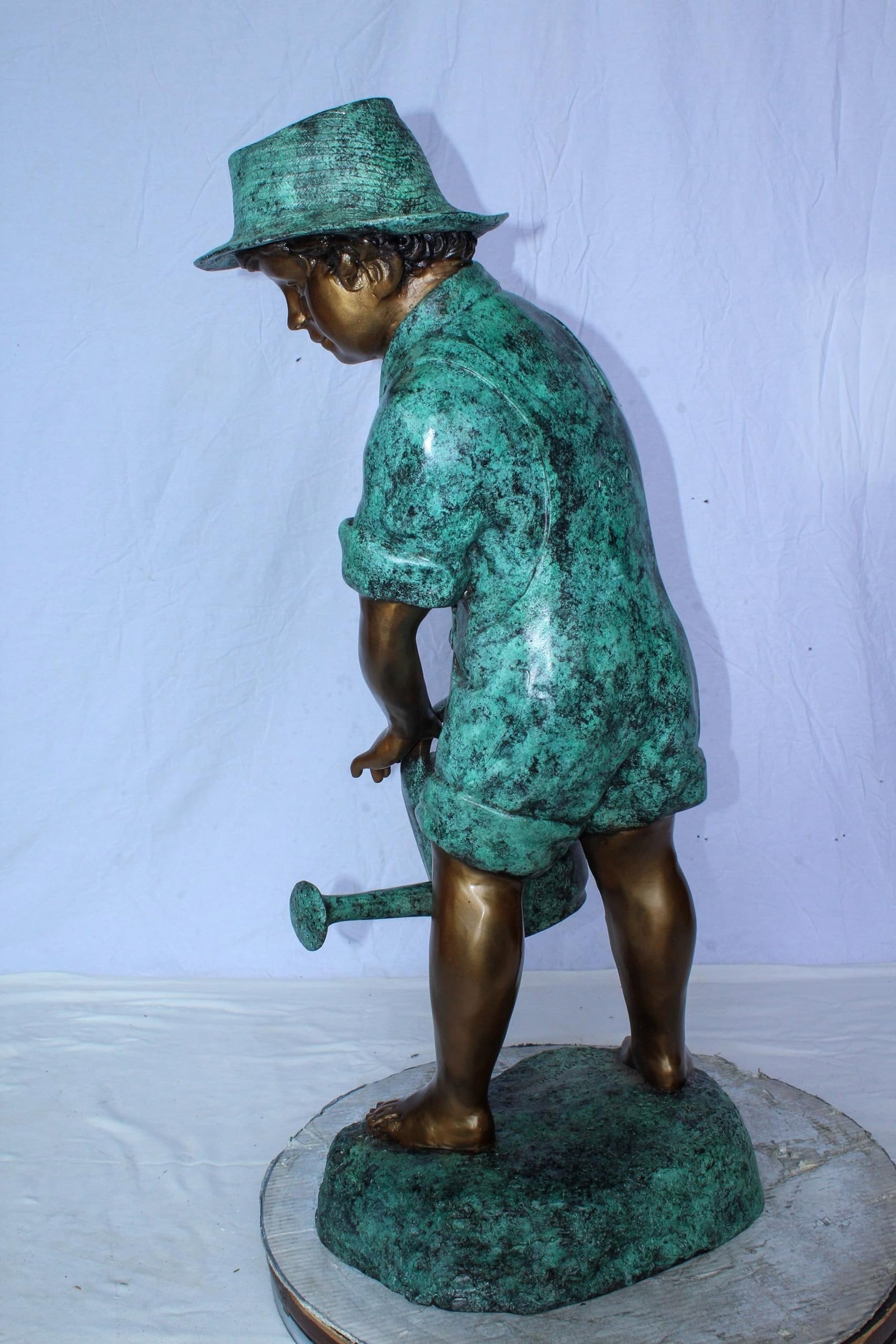 Standing Boy with Watering Can Bronze Statue - Size: 15"L x 15"W x 39"H. - 6
