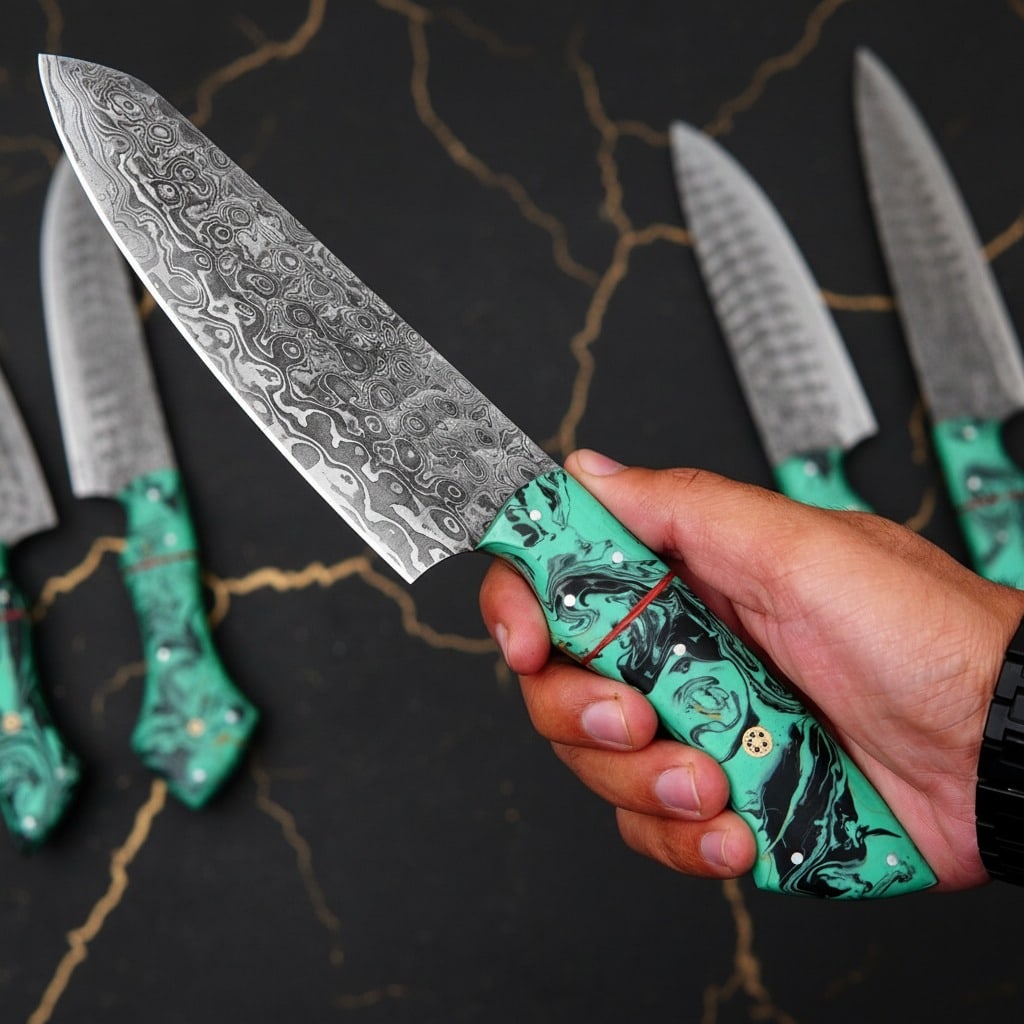 5pc Damascus Steel Kitchen Knife Set Hand-Forged Raindrop Pattern Leather Roll - 2
