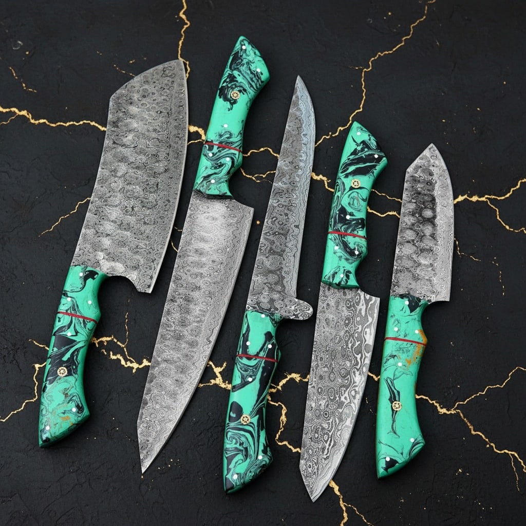 5pc Damascus Steel Kitchen Knife Set Hand-Forged Raindrop Pattern Leather Roll - 3