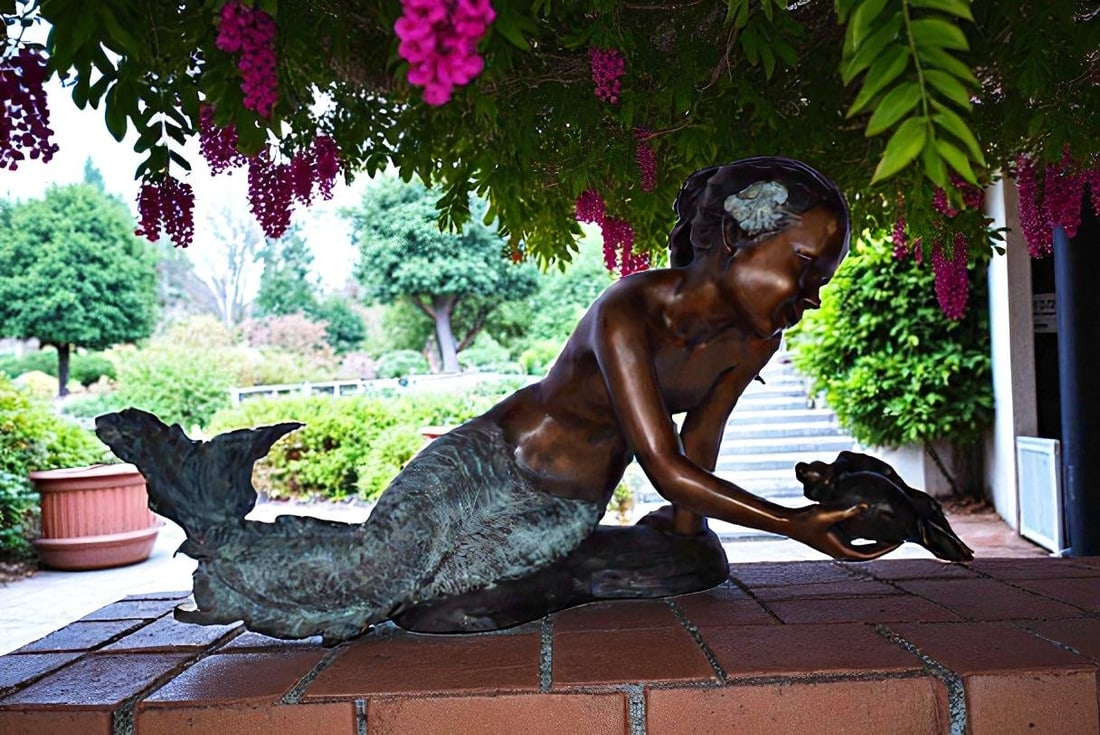 A Little Mermaid Holding A Shell Bronze Fountain Art Nude: 15" x 37" x 20"H - 2