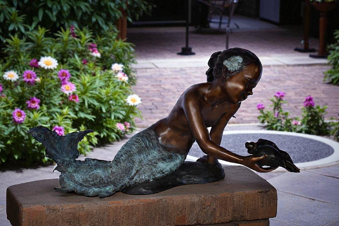A Little Mermaid Holding A Shell Bronze Fountain Art Nude: 15" x 37" x 20"H - 3