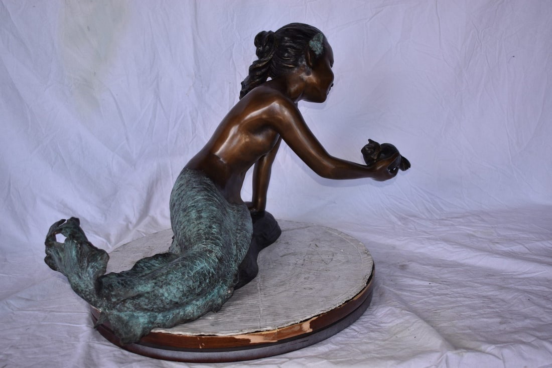A Little Mermaid Holding A Shell Bronze Fountain Art Nude: 15" x 37" x 20"H - 7