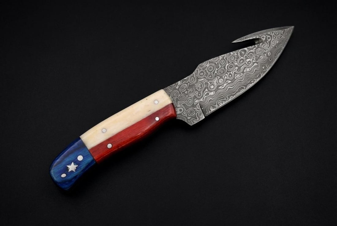 Handmade Damascus Steel Gut Hook Hunting Knife 8" Fixed Blade Texas Flag Handle - 3