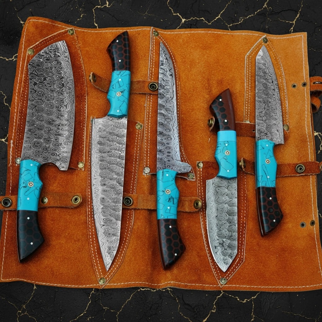 Hand-Forged Damascus Steel 5-Piece Chef Knife Set with Leather Roll Case - 3