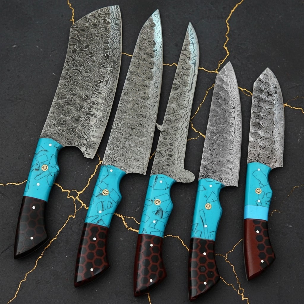 Hand-Forged Damascus Steel 5-Piece Chef Knife Set with Leather Roll Case - 4