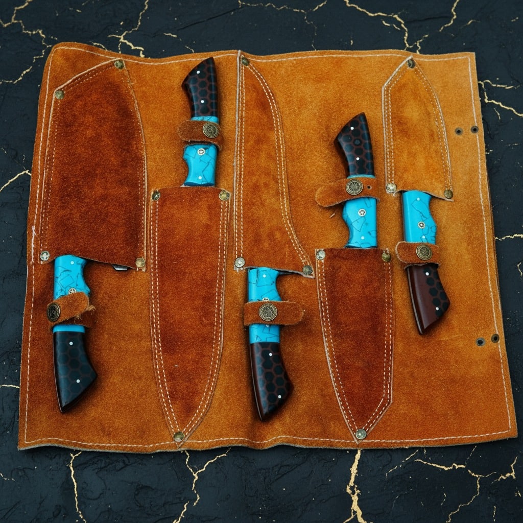 Hand-Forged Damascus Steel 5-Piece Chef Knife Set with Leather Roll Case - 5