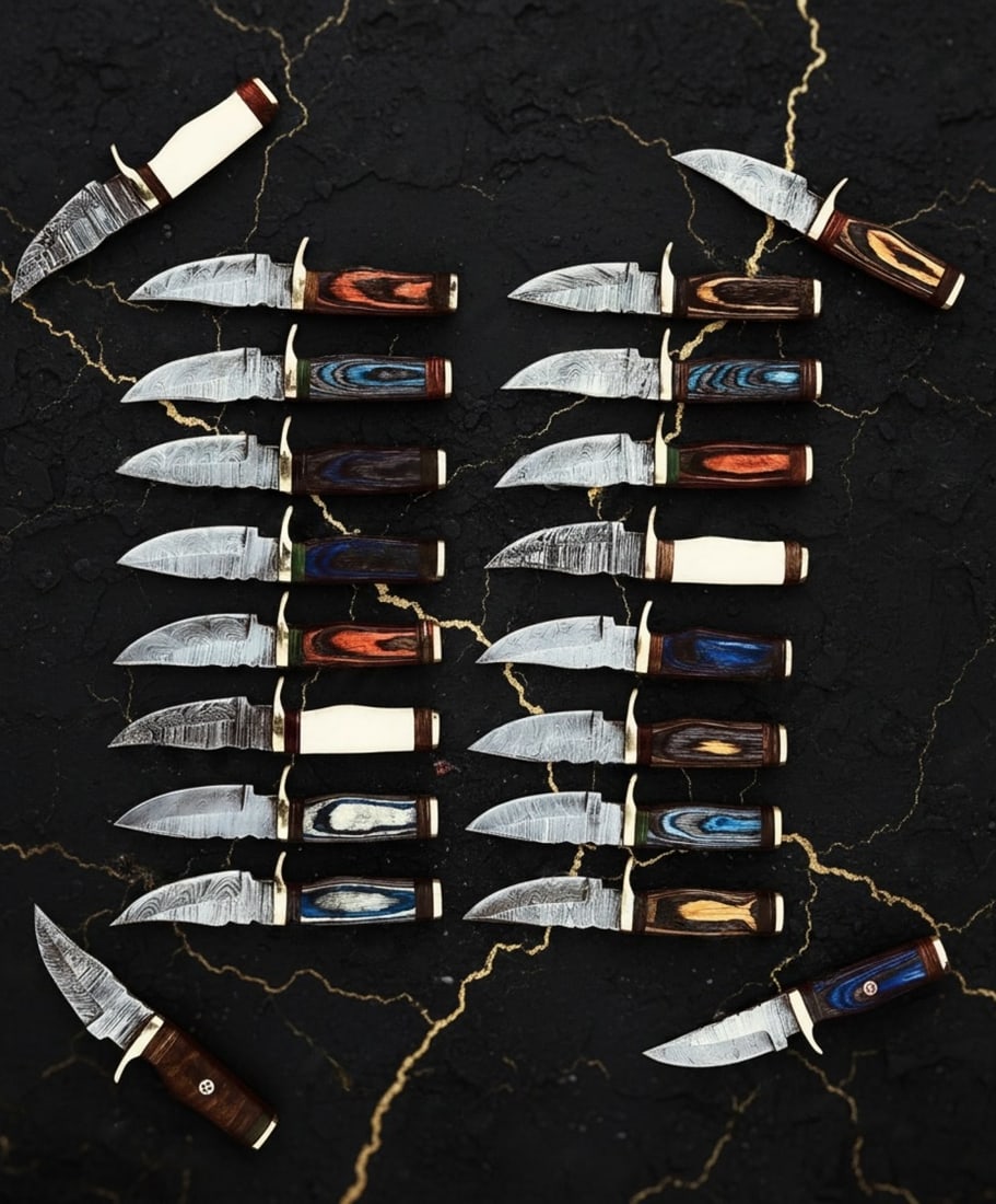 20pc Custom Handmade Damascus Steel 8" Hunting and Camping Knife Set USA Made: Title:20pc Custom Handmade Damascus Steel 8" Hunting and Camping Knife Set USA Made Description:This collection includes 20 custom handmade Damascus steel knives, featuring a variety of blade shapes a