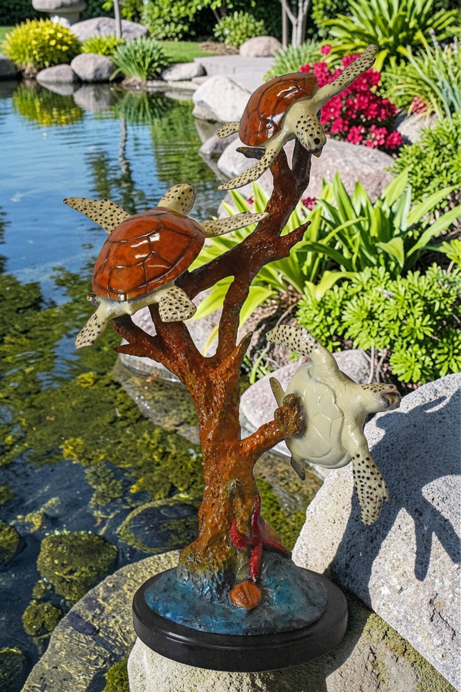Three Turtles Bronze Statue on Marble Base – Lost Wax Ocean-Inspired Sculpture with Patina Finish - 2