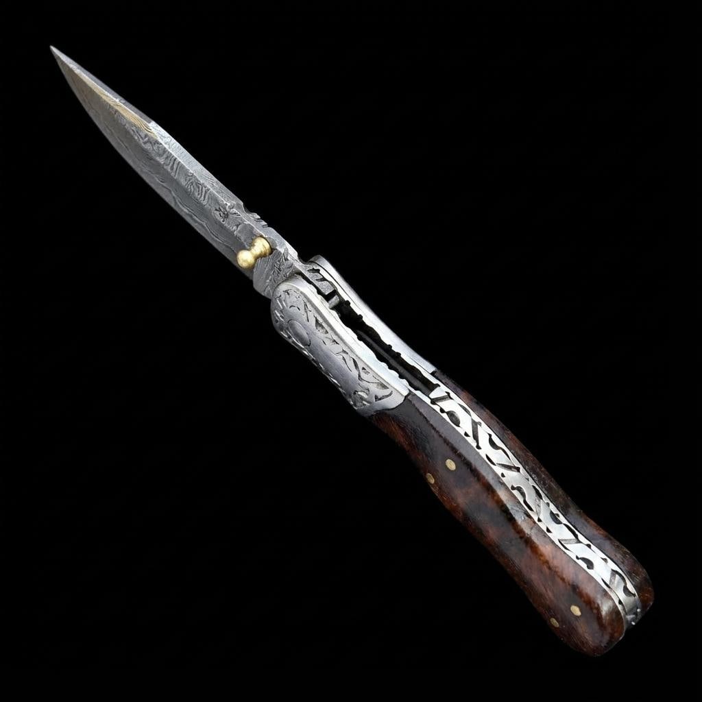 Hand Forged Damascus Steel Folding Pocket Knife with Wood Handle and Sheath EDC - 2