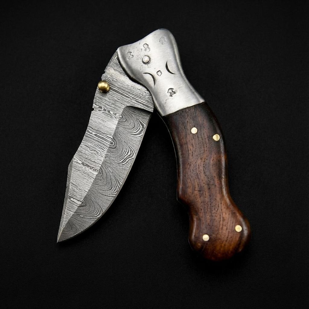 Hand Forged Damascus Steel Folding Pocket Knife with Wood Handle and Sheath EDC - 3
