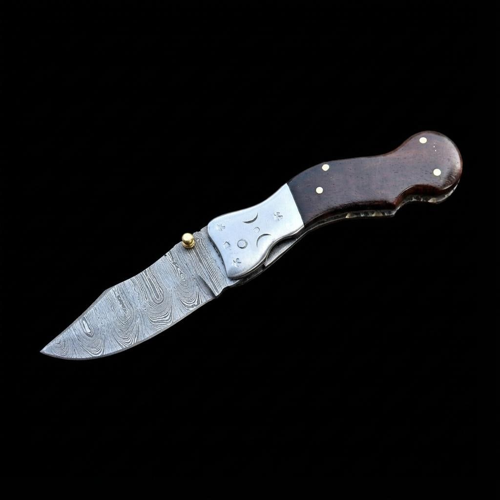 Hand Forged Damascus Steel Folding Pocket Knife with Wood Handle and Sheath EDC - 4
