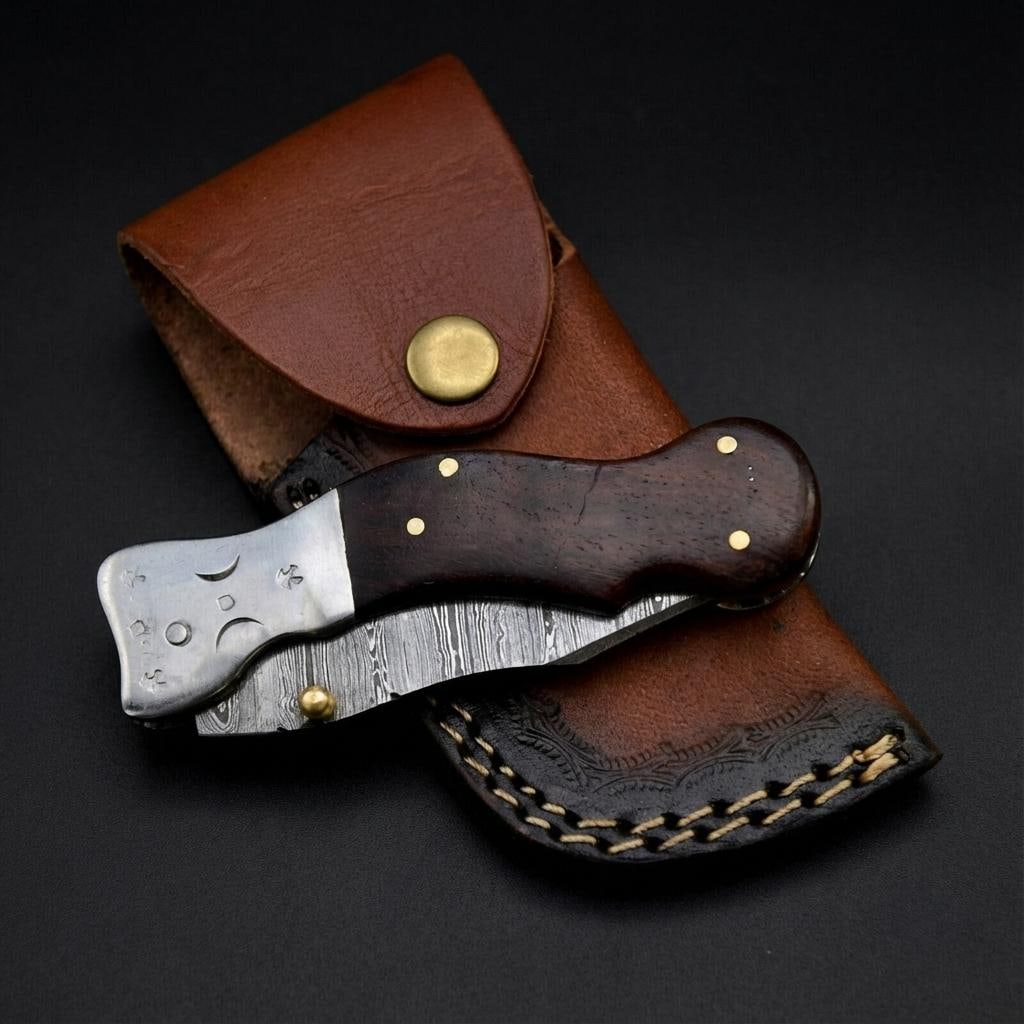 Hand Forged Damascus Steel Folding Pocket Knife with Wood Handle and Sheath EDC - 5