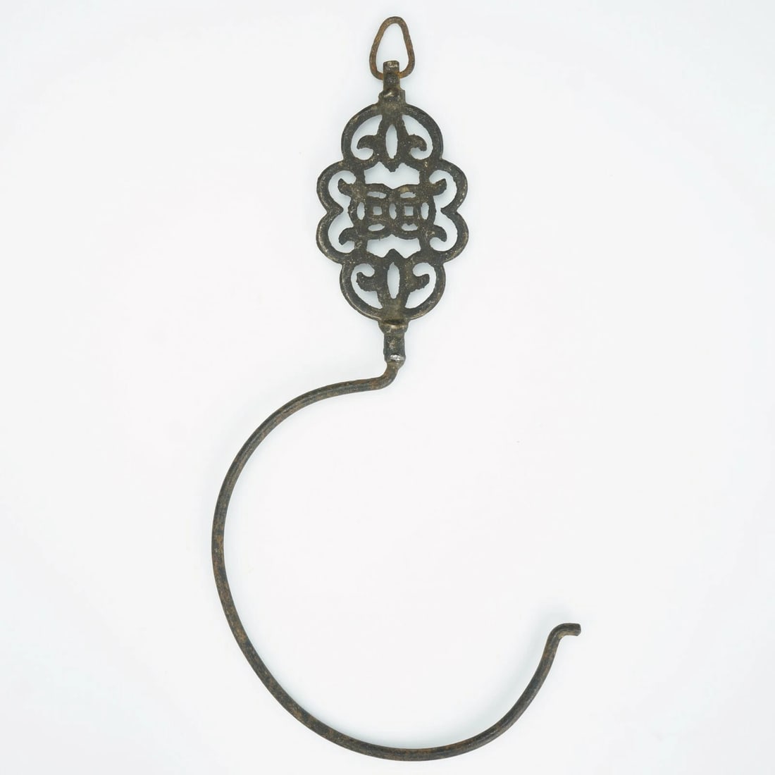 19th C Chinese Qing Bronze and Iron Pot Hook: Title:19th C Chinese Qing Bronze and Iron Pot Hook Size:9 5/8 in (24.4 cm) long x 5 in (12.7 cm) wide. Description:An iron hook with a pierced florid bronze top with double shou symbols that are said 