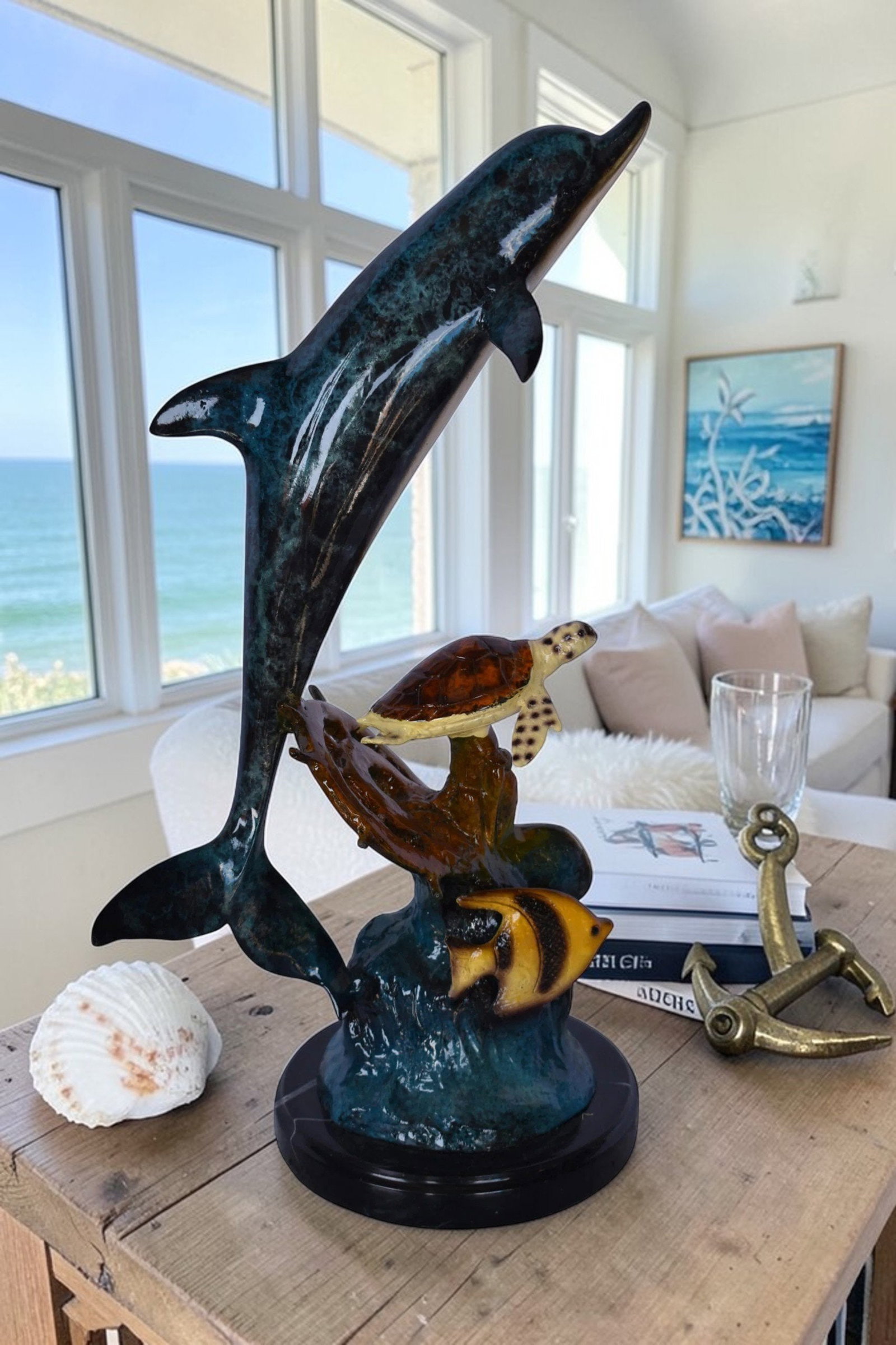 Dolphin, Turtle, Anchor and Fish Bronze Statue – Intricate Marine Wildlife Figurine on Marble Base - 2