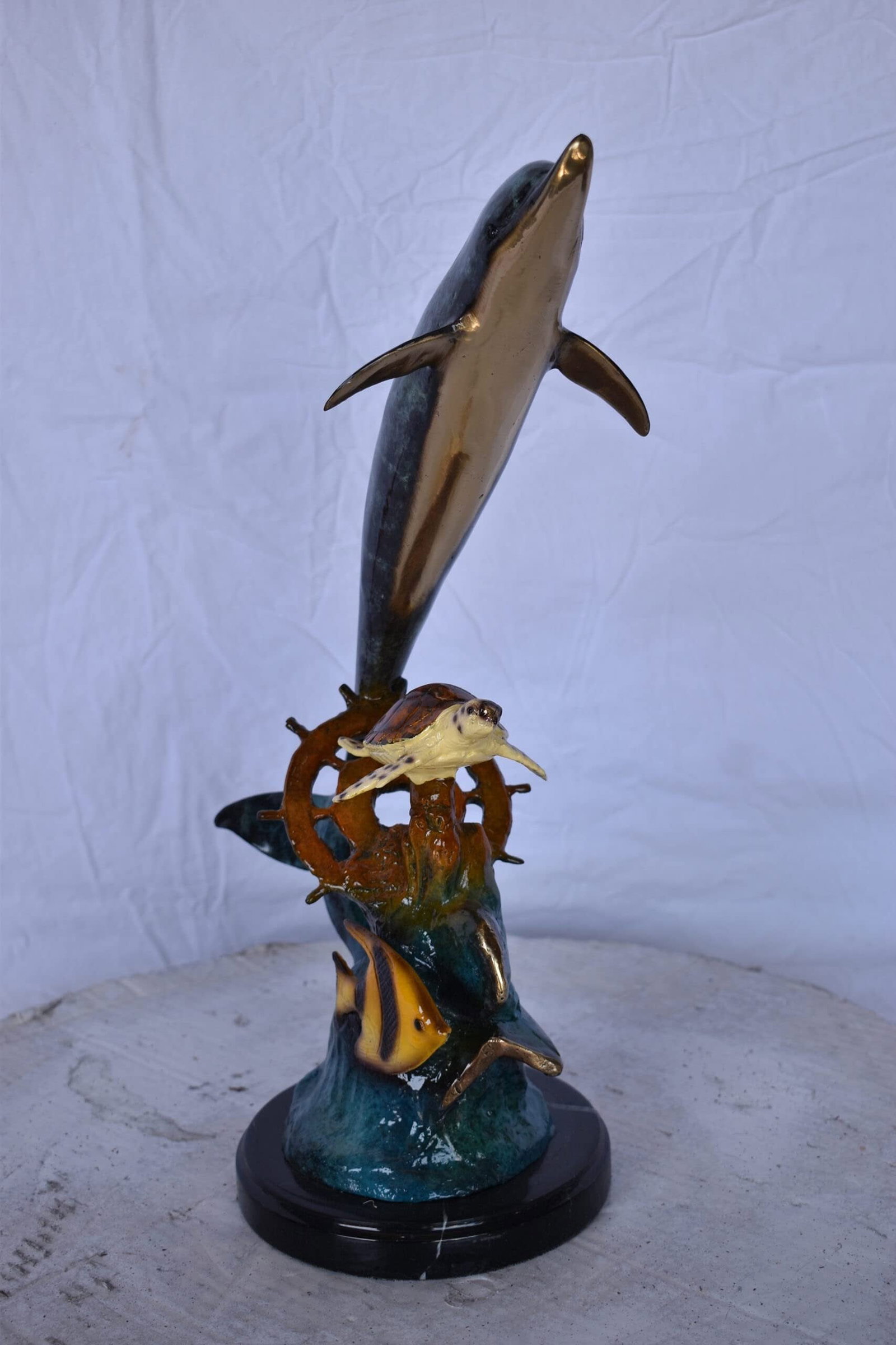 Dolphin, Turtle, Anchor and Fish Bronze Statue – Intricate Marine Wildlife Figurine on Marble Base - 3