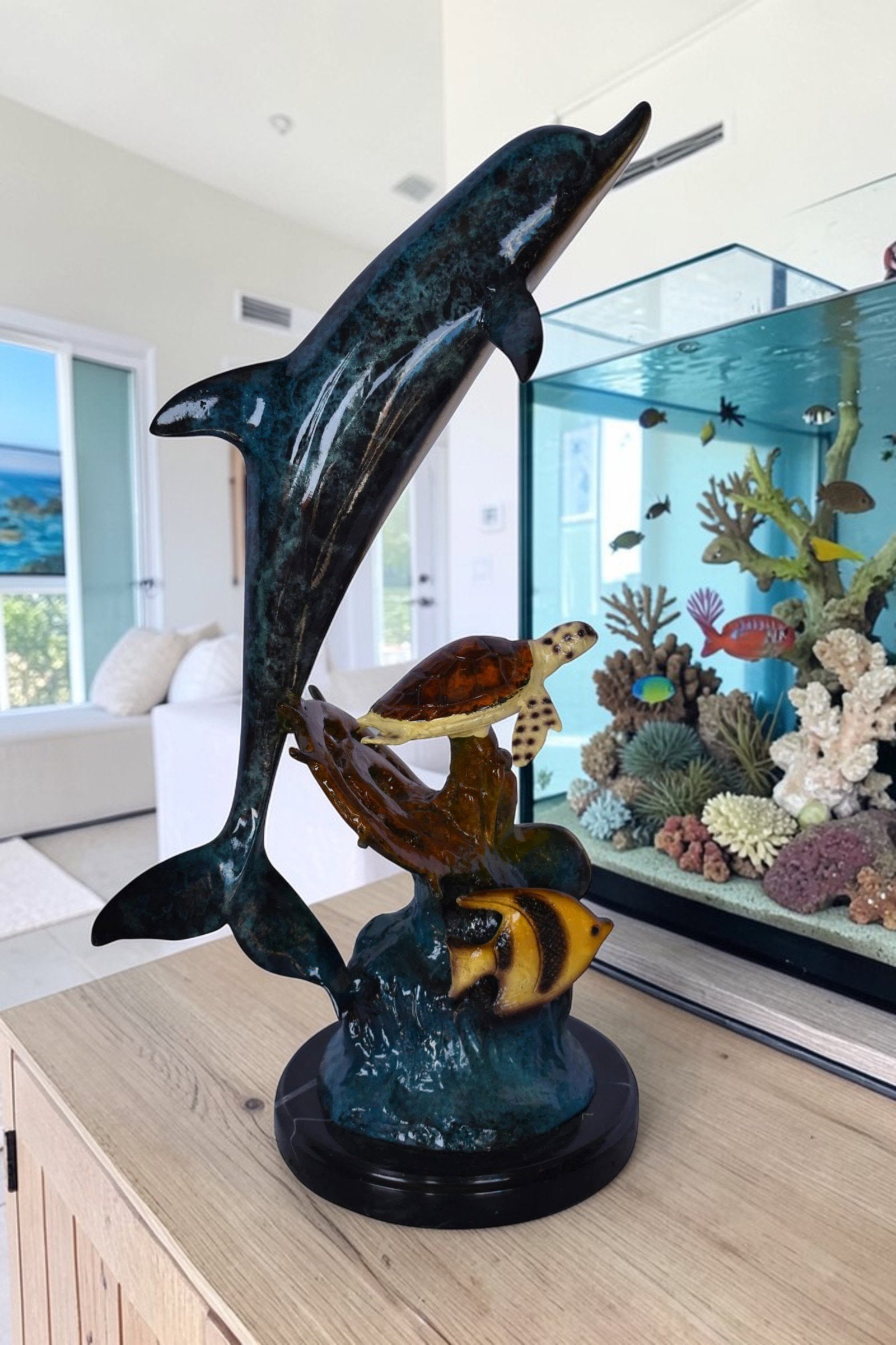 Dolphin, Turtle, Anchor and Fish Bronze Statue – Intricate Marine Wildlife Figurine on Marble Base - 4