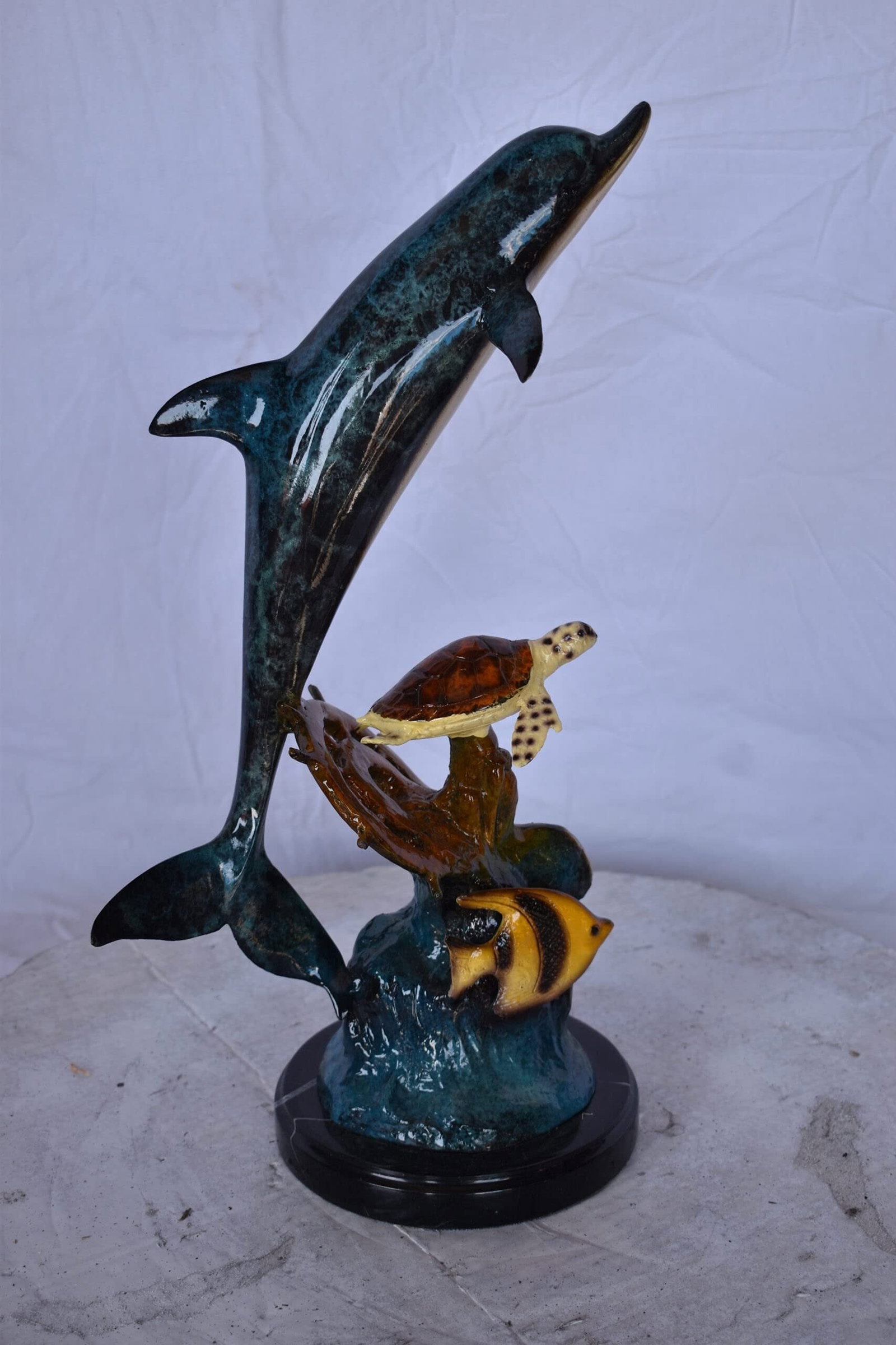 Dolphin, Turtle, Anchor and Fish Bronze Statue – Intricate Marine Wildlife Figurine on Marble Base - 5