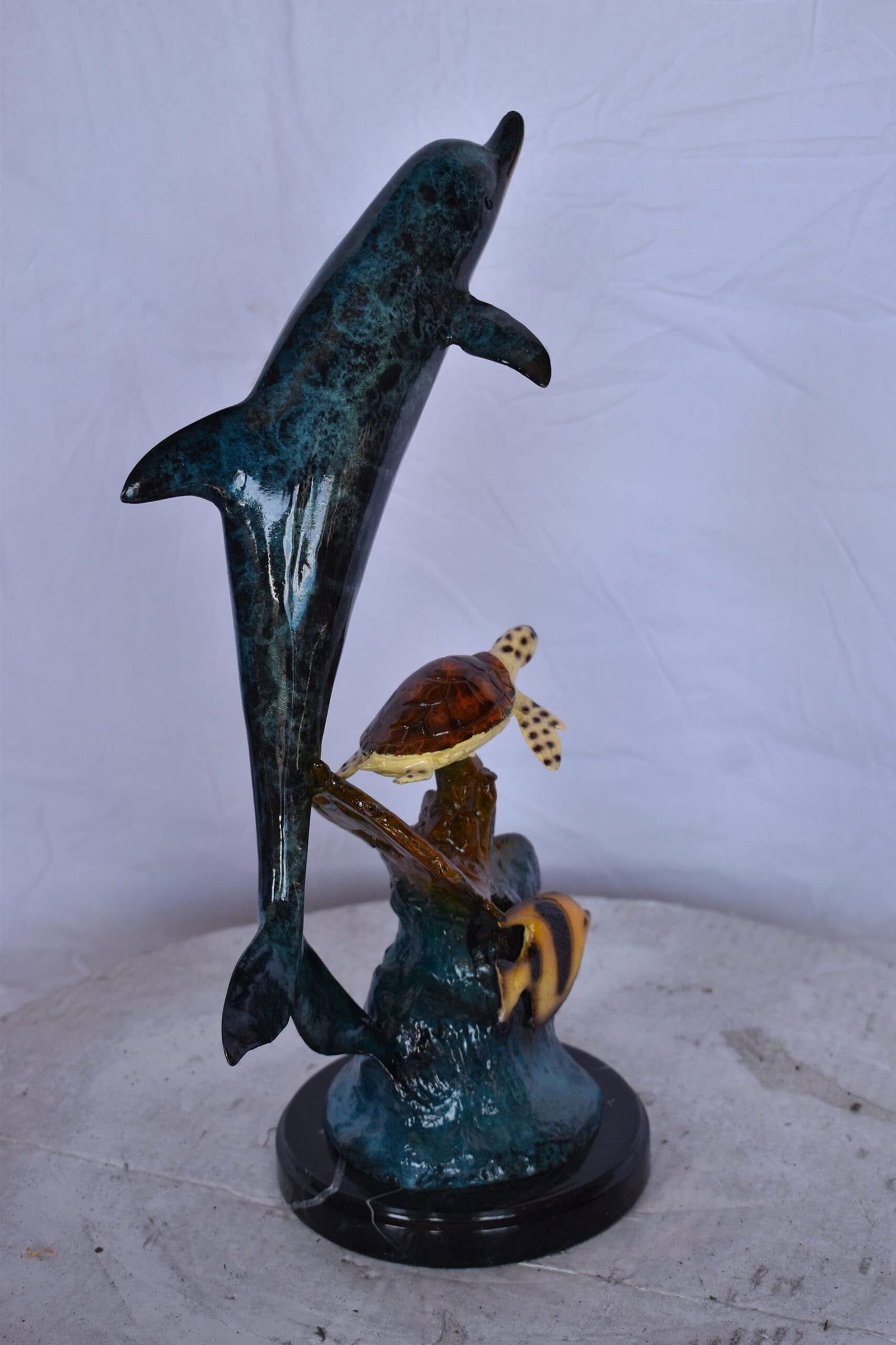 Dolphin, Turtle, Anchor and Fish Bronze Statue – Intricate Marine Wildlife Figurine on Marble Base - 6