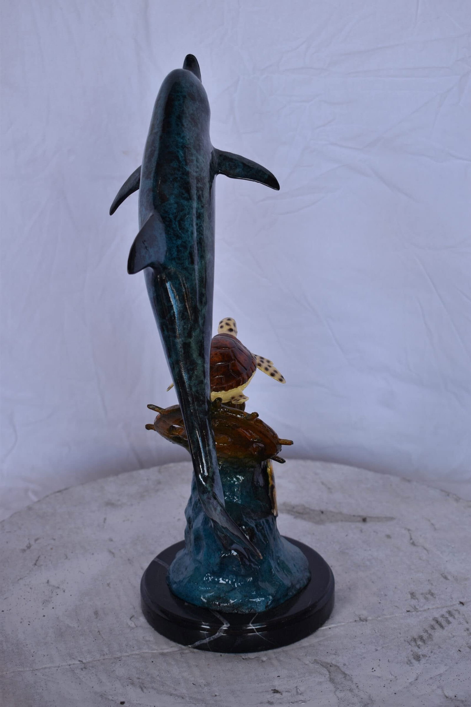 Dolphin, Turtle, Anchor and Fish Bronze Statue – Intricate Marine Wildlife Figurine on Marble Base - 7