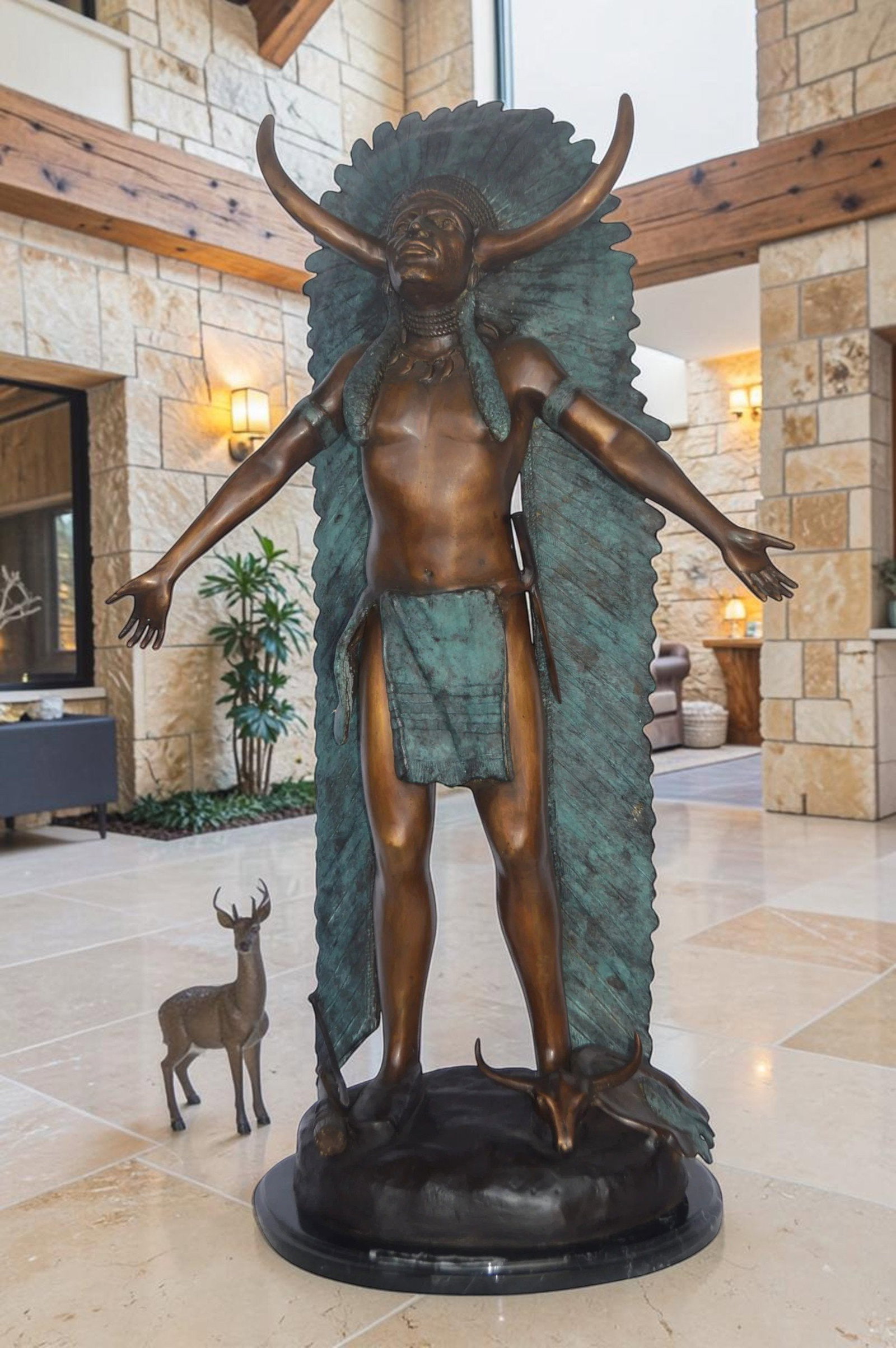 Indian with Plume bronze statue - Size: 22"L x 14"W x 38"H. - 2