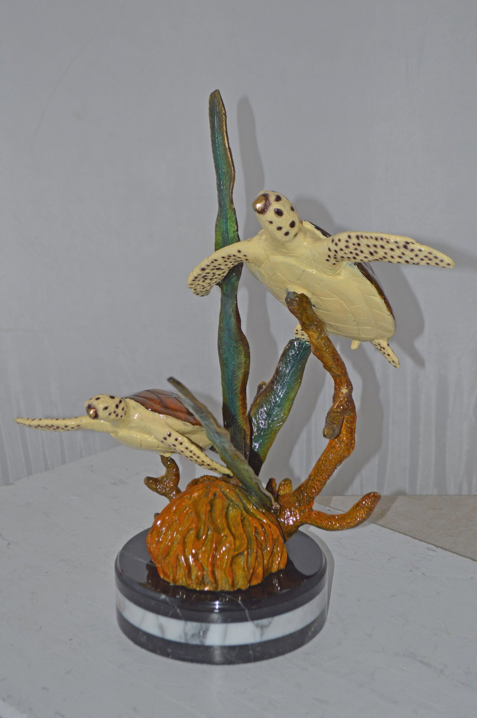 Two Brown Sea Turtles Swimming Bronze Statue - Size: 12"L x 16"W x 19"H. - 2