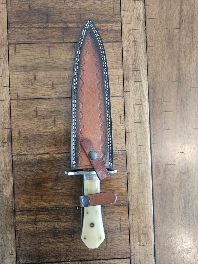 15" Custom Damascus Steel Bowie Knife, Bone Grip and Handcrafted Leather Sheath - 2