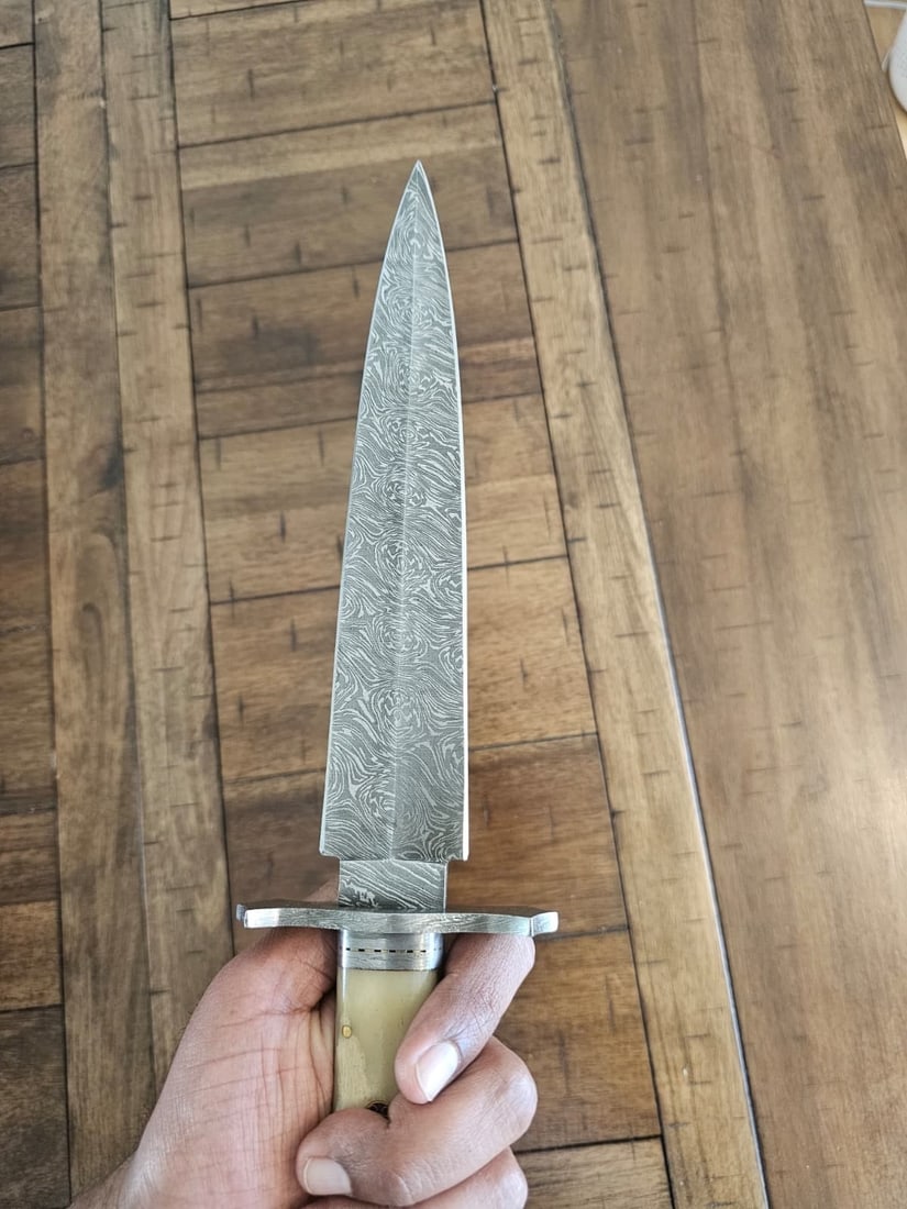 15" Custom Damascus Steel Bowie Knife, Bone Grip and Handcrafted Leather Sheath - 4