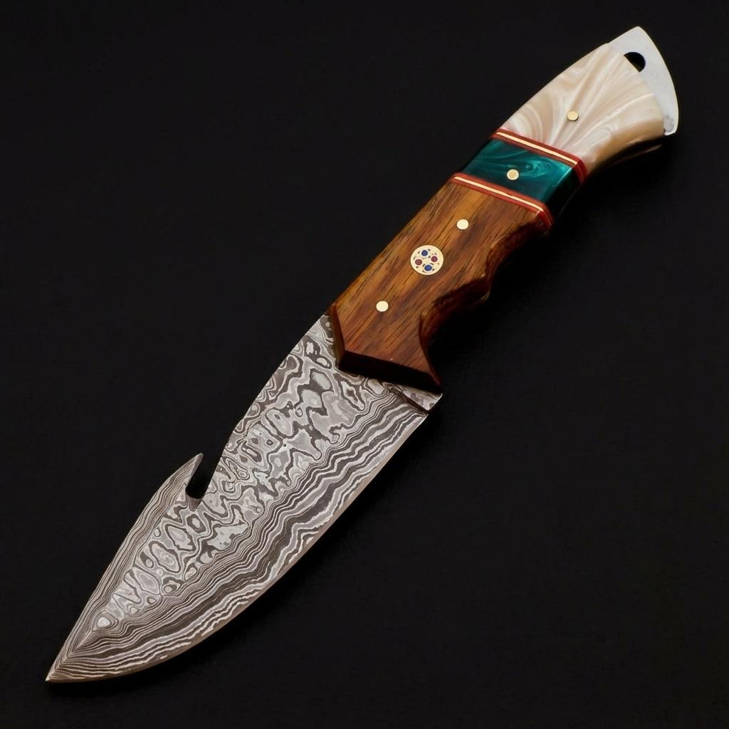 Handmade Damascus Steel Skinner Hunting Knife 9" with Resin and Wood Handle and Sheath - 2