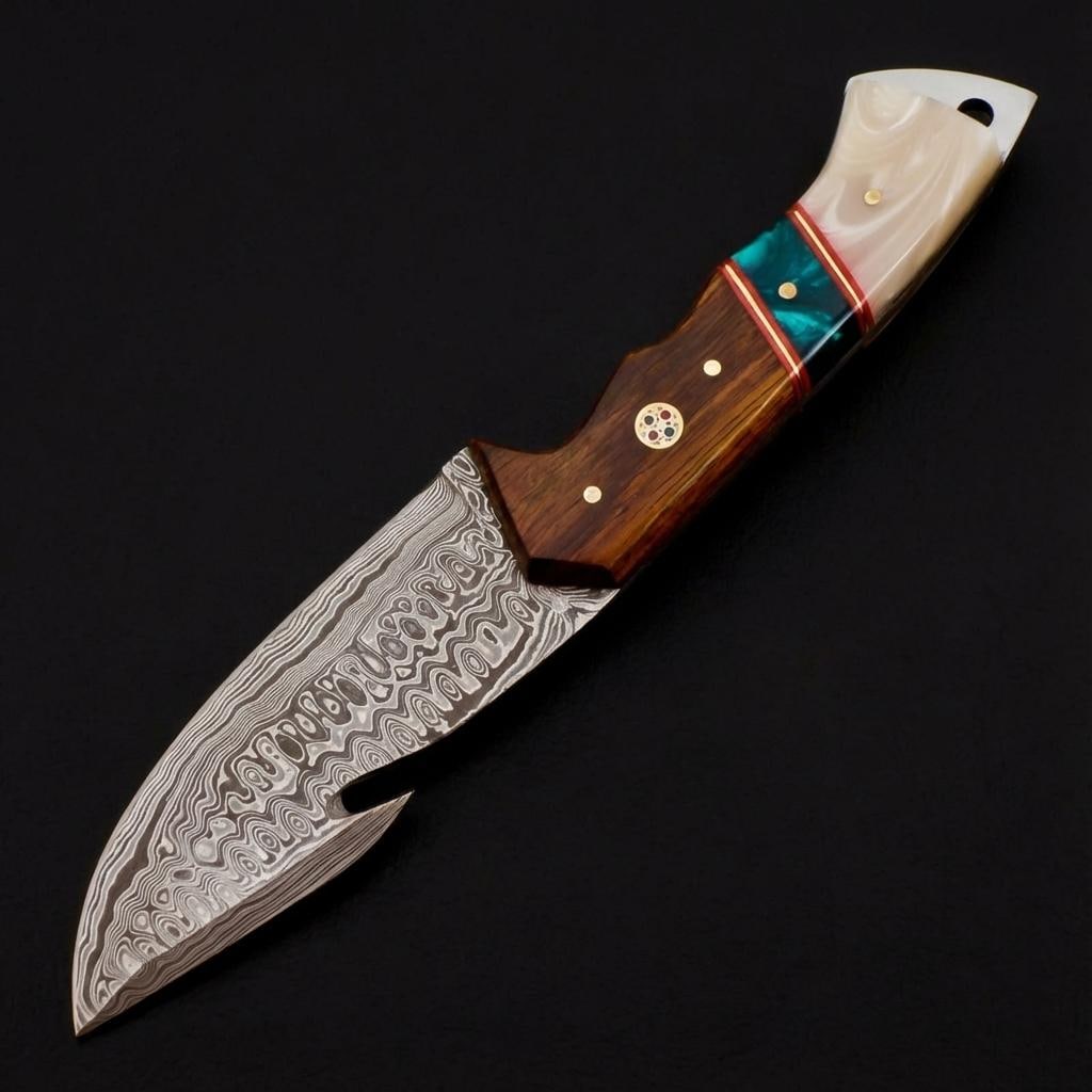 Handmade Damascus Steel Skinner Hunting Knife 9" with Resin and Wood Handle and Sheath - 3