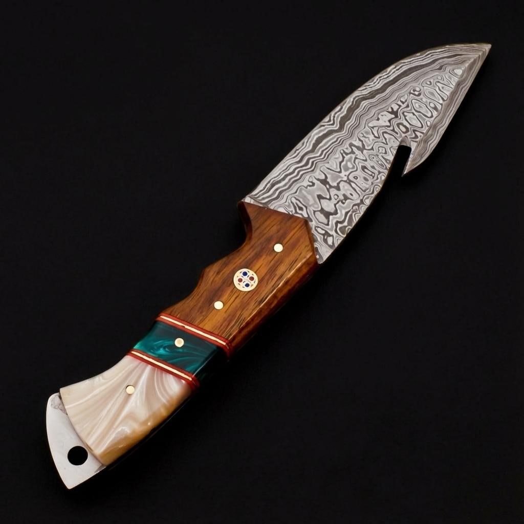Handmade Damascus Steel Skinner Hunting Knife 9" with Resin and Wood Handle and Sheath - 4
