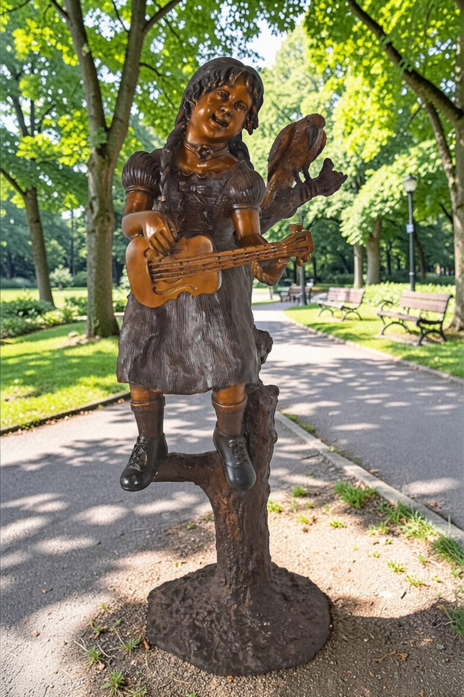 Girl on a Tree Playing the Ukulele with a Parrot Bronze Statue 25" x 23" x 50"H - 2