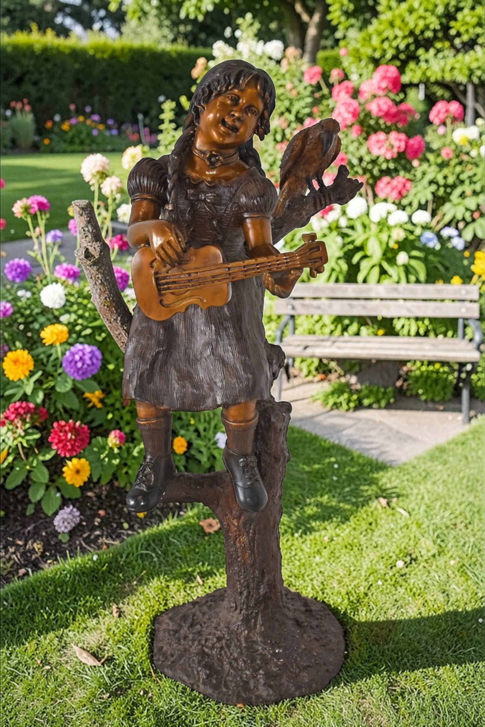 Girl on a Tree Playing the Ukulele with a Parrot Bronze Statue 25" x 23" x 50"H - 3