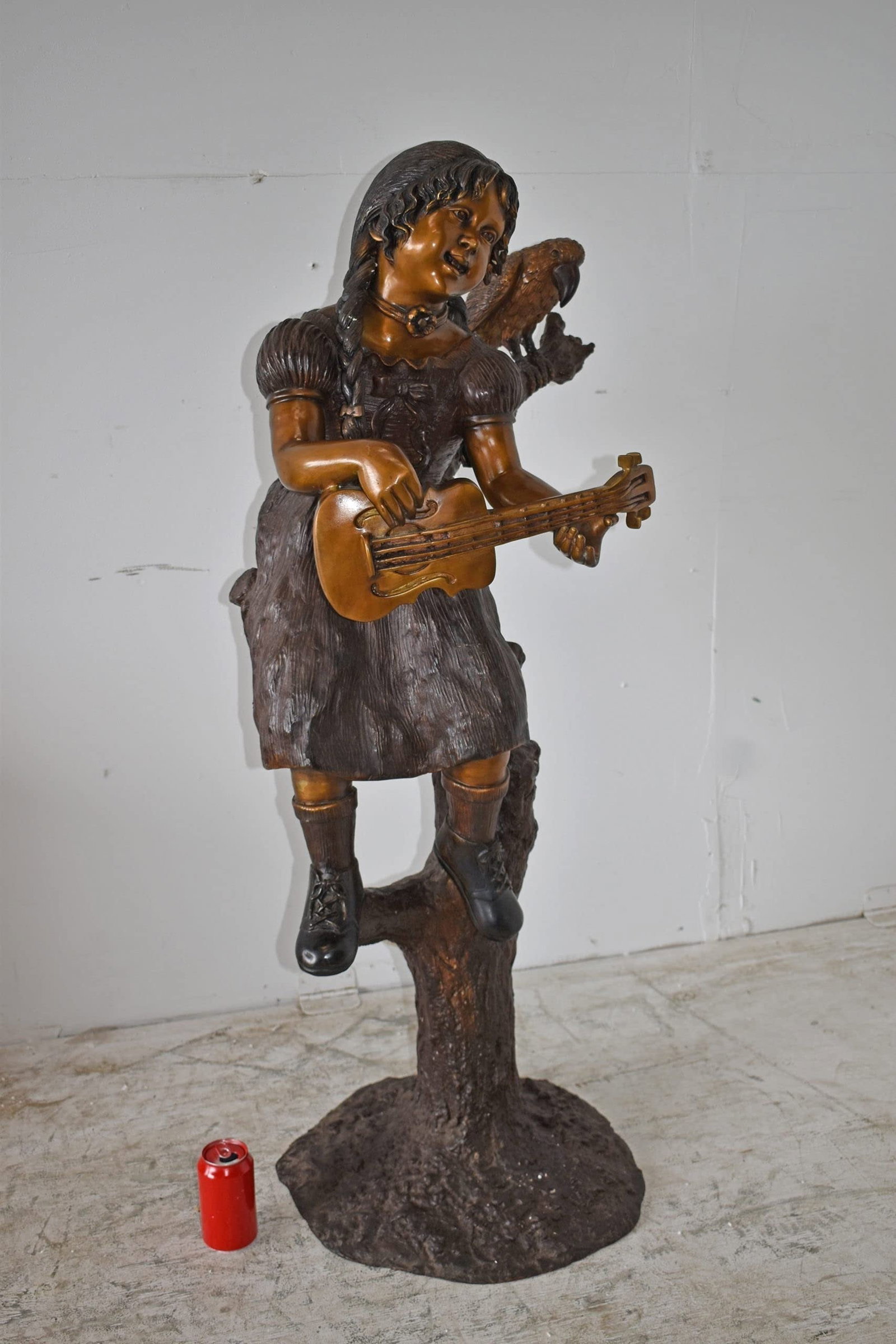 Girl on a Tree Playing the Ukulele with a Parrot Bronze Statue 25" x 23" x 50"H - 5