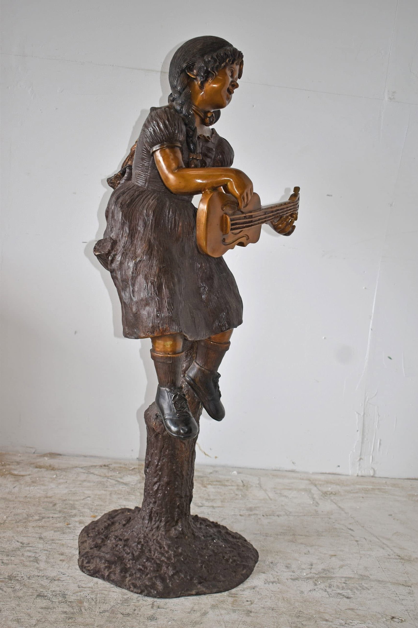 Girl on a Tree Playing the Ukulele with a Parrot Bronze Statue 25" x 23" x 50"H - 6