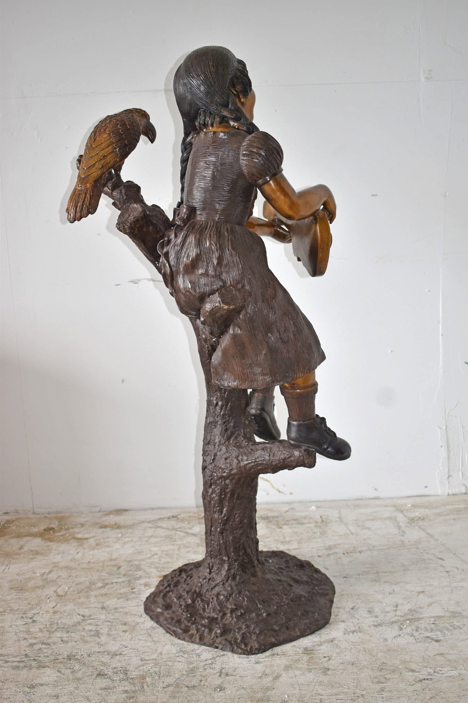 Girl on a Tree Playing the Ukulele with a Parrot Bronze Statue 25" x 23" x 50"H - 7