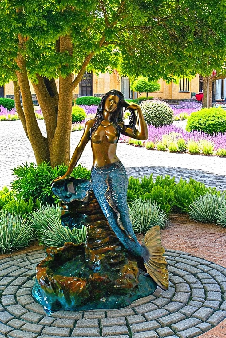Beautiful Large Mermaid Bronze Statue Fountain - Size: 35"L x 32"W x 53"H. - 2