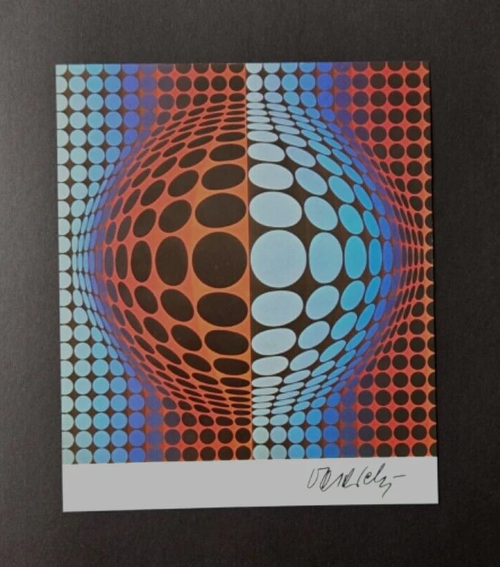 VICTOR VASARELY PRINT FROM 1970 + SIGNED GEOMETRIC ABSTRACT +NEW FRAME 14x11in - 2