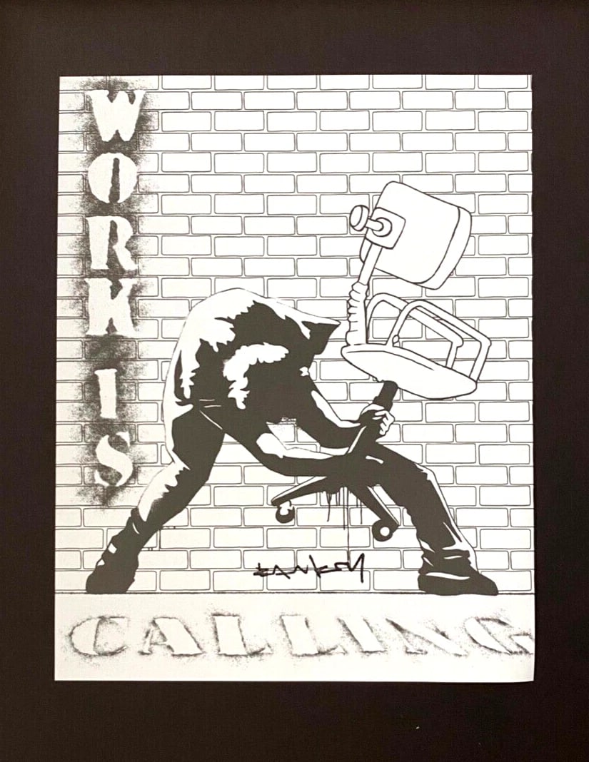 BANKSY + SIGNED " WORK IS CALLING " PRINT + NEW FRAME - 2