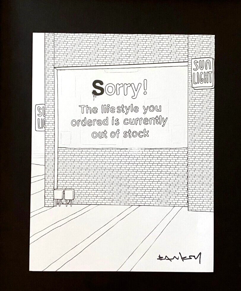 BANKSY + SIGNED GRAFFITI PRINT " SORRY ! " + NEW FRAME - 2