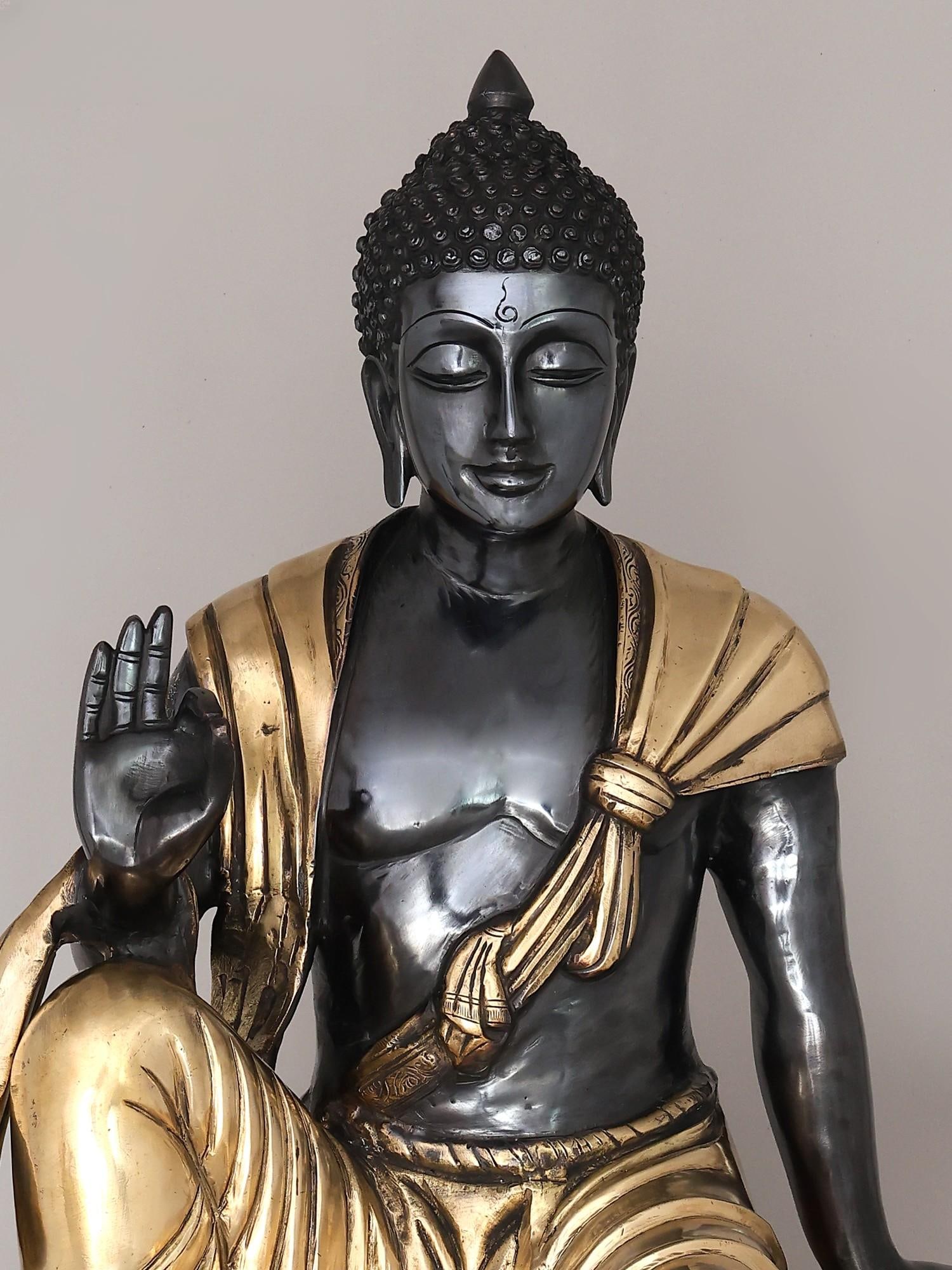 30" Large Black and Gold Buddha Seated in Vitark Mudra | Brass Statue - 2