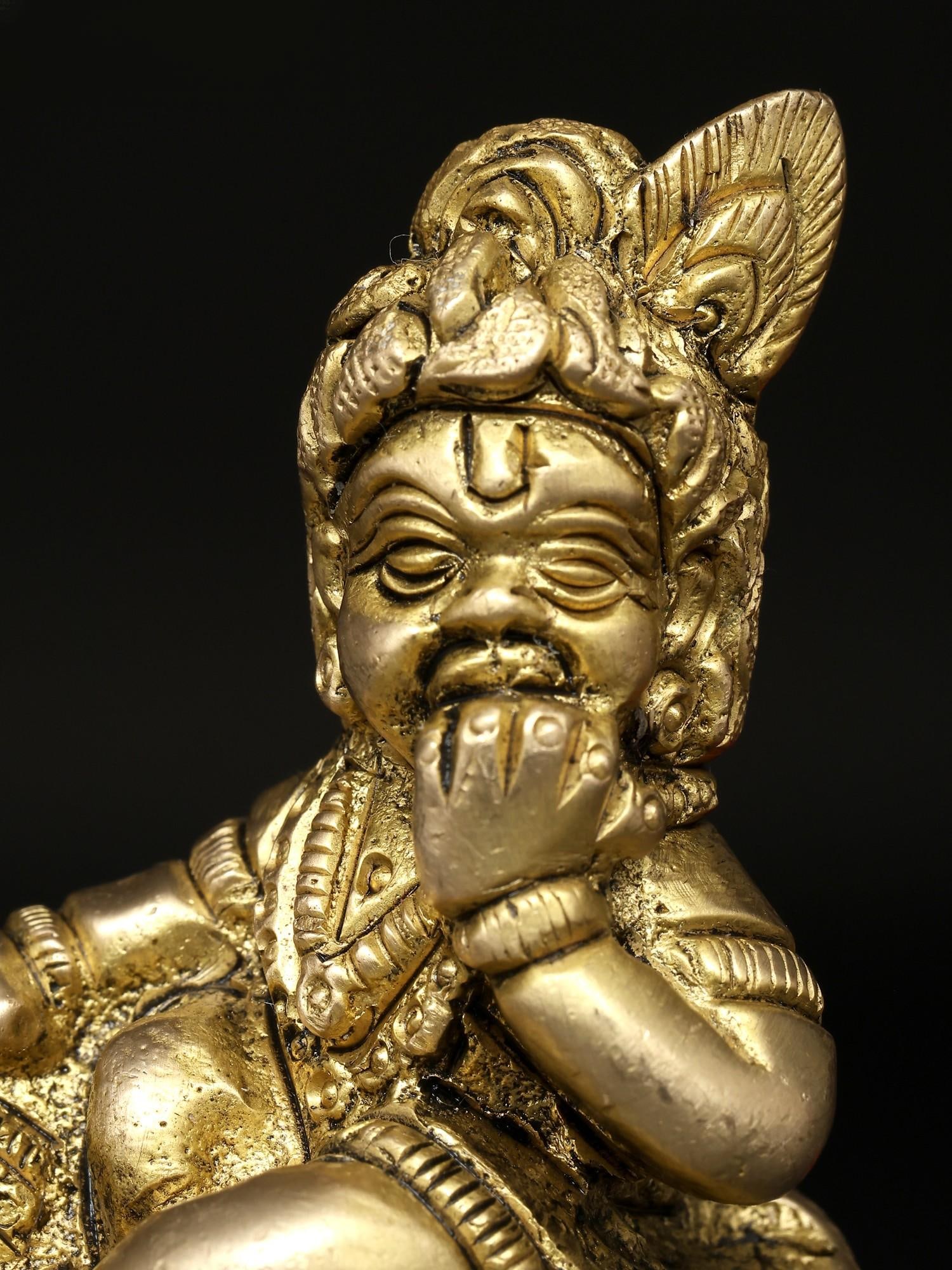 2" Small Sculpture of Little Krishna Eating Butter | Brass Figurine - 2