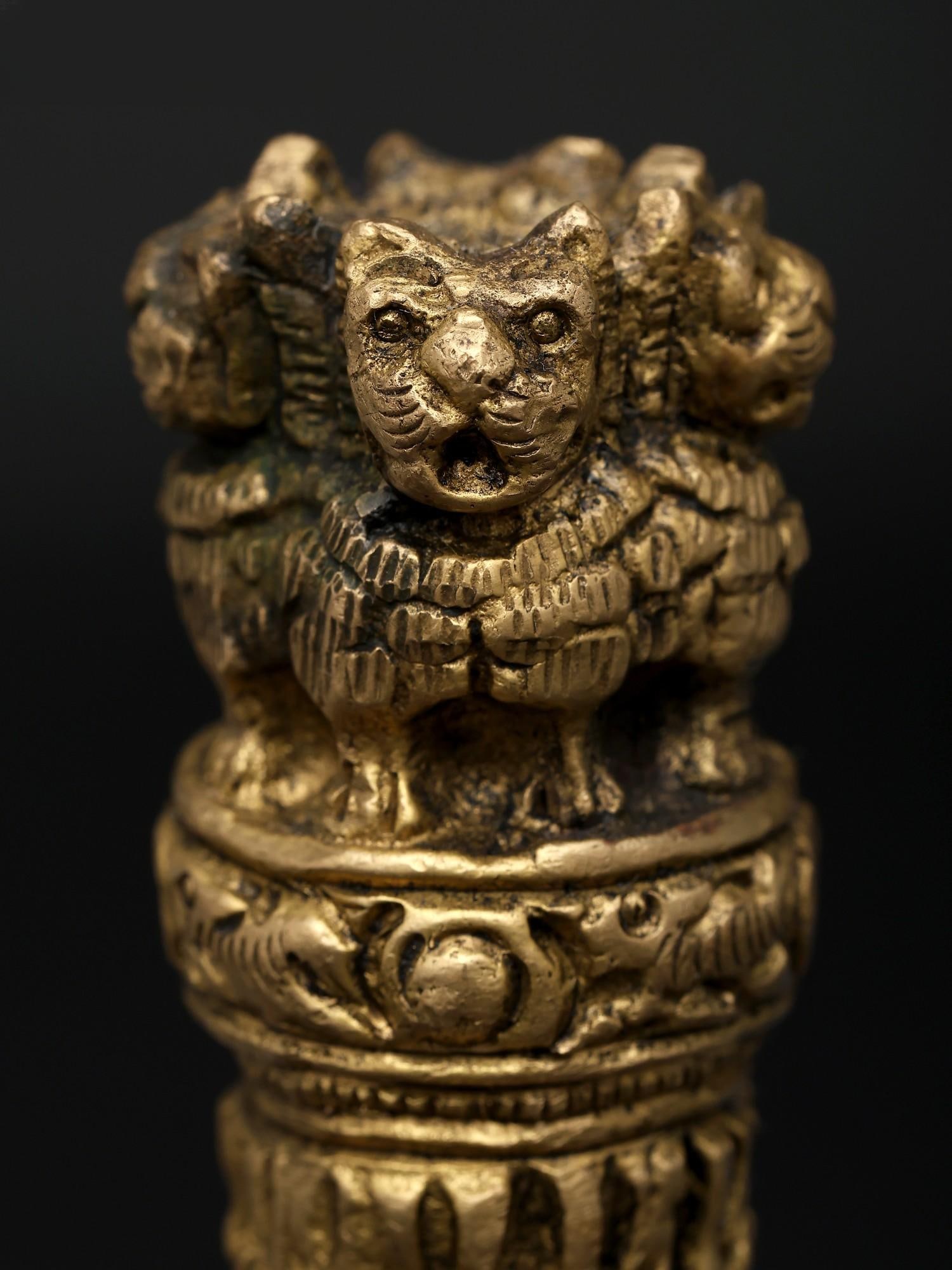 3" Small Statue of Decorative Ashoka Stambha (National Emblem of India) | Brass Sculpture - 2